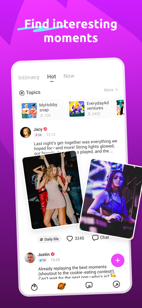 Feed dell'app BlazeMe che mostra post degli utenti e argomenti della community per la scoperta sociale