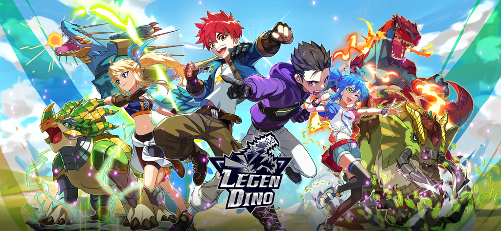 Anime style trainers posing with their elemental dinosaurs in Legendino