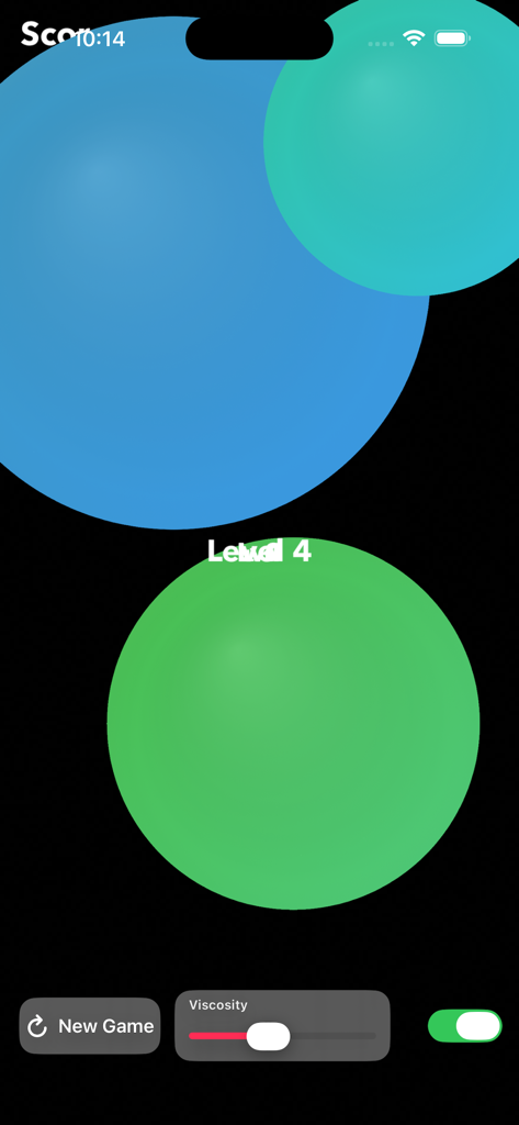 Sensory Slimes - Interface de l'application Sensory Slimes avec des cercles colorés et un curseur de contrôle de viscosité.