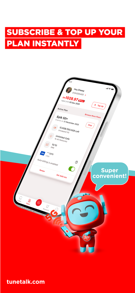 Tune Talk App-Oberfläche auf einem Smartphone mit Tarifdetails und Aufladeoptionen sowie einem freundlichen Maskottchen