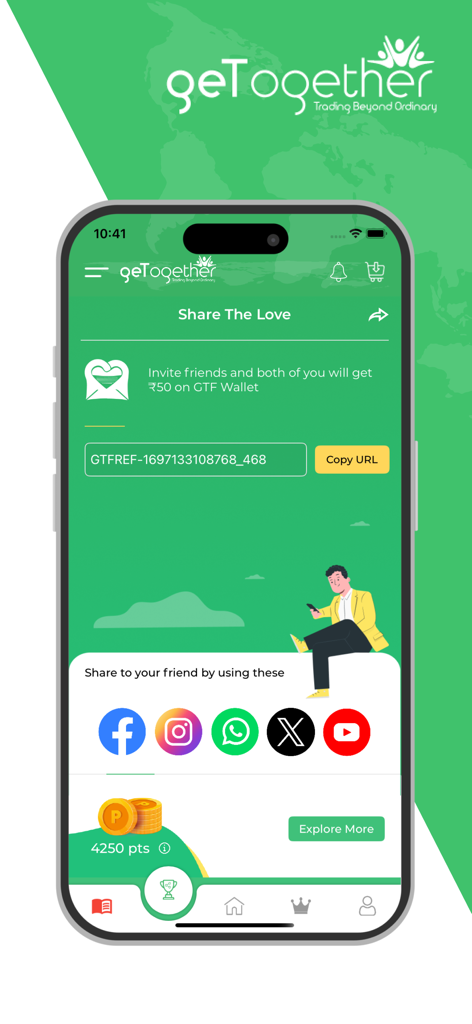 Tela de indicação do aplicativo GTF com mensagem convide amigos e botões de compartilhamento em mídias sociais