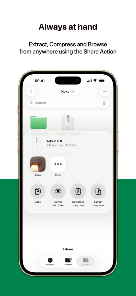 Keka iOS app interface showing share sheet options for file extraction compression and browsing