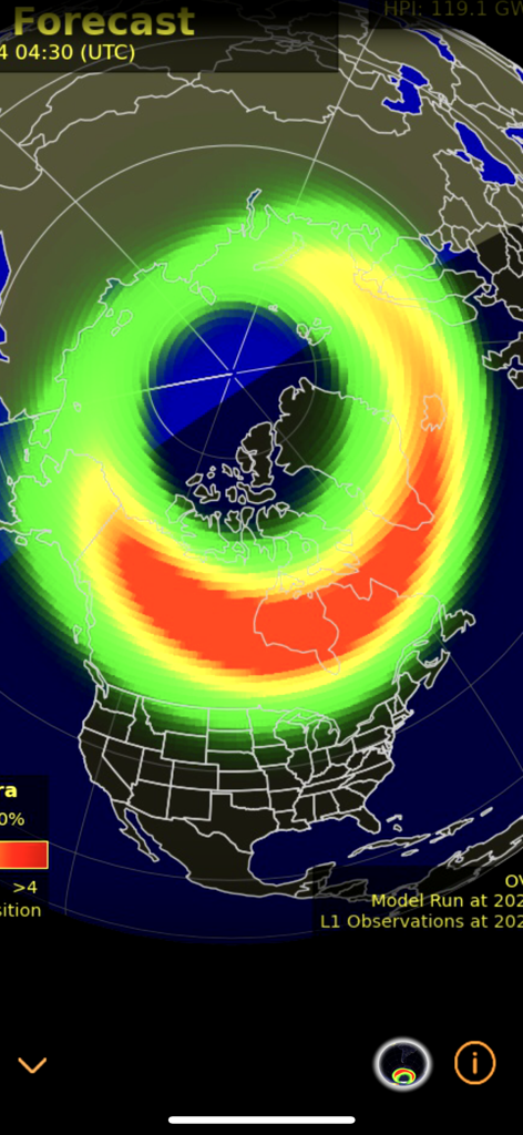 Solar Alert: Protect your Life - A visual forecast map displaying solar storm intensity and aurora activity over the northern hemisphere including North America.