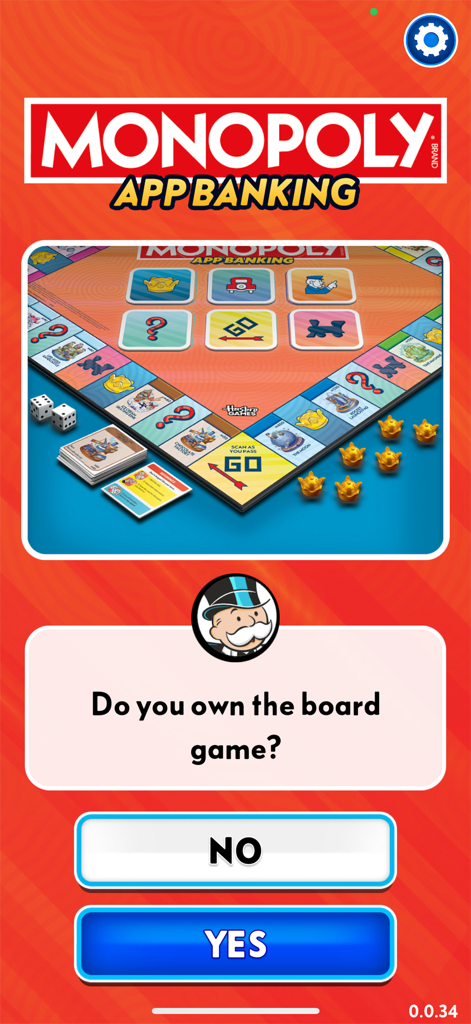 Pantalla de introducción de Monopoly App Banking preguntando al usuario si posee el juego de mesa físico