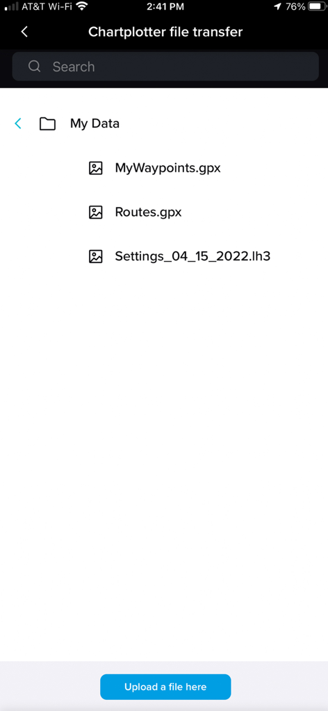 Raymarine 앱 화면에 웨이포인트 및 경로 파일이 있는 차트플로터 파일 전송 표시