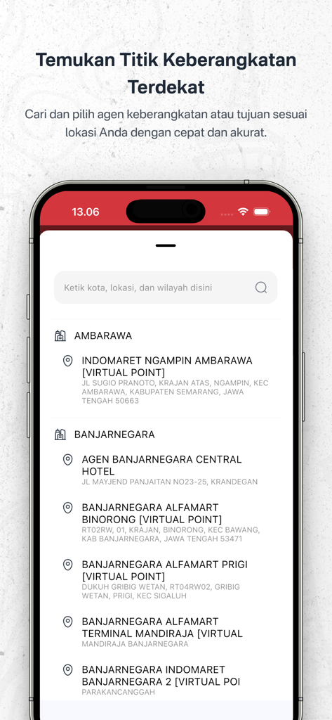 Joglosemar - Executive Shuttle - Mobile screen of Joglosemar app showing a list of departure and destination points in Central Java