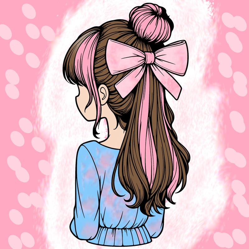 realistic girl  with hip length hair a bun and a big bow on the back of head