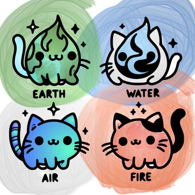 4 cats that represent the different elements, earth, water, air, and fire