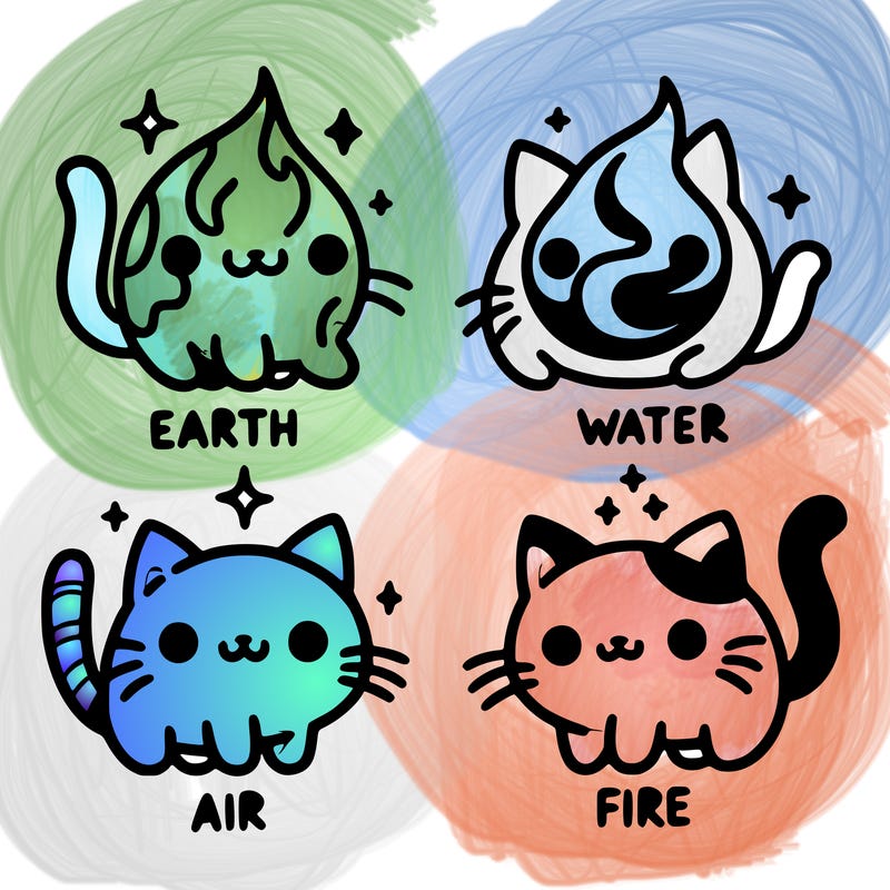 4 cats that represent the different elements, earth, water, air, and fire