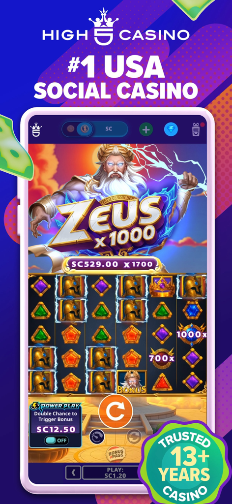 L'app High 5 Casino mostra il gioco di slot Zeus x1000 su uno smartphone.