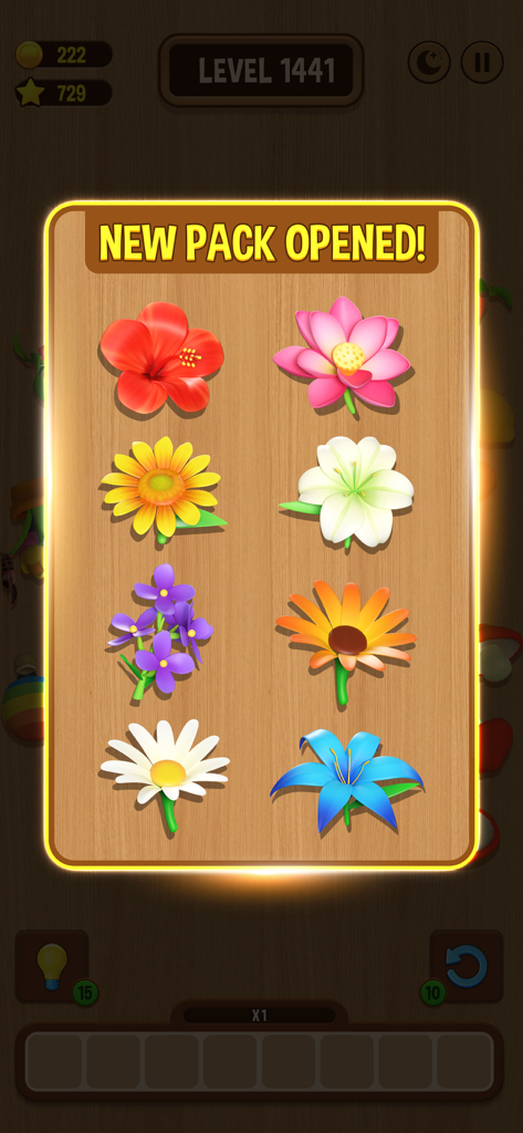 Match Triple 3D Untimed No Ads - Pantalla de paquete de flores nuevo abierto en Match Triple 3D presentando ocho modelos coloridos de flores 3D sobre un fondo de madera.