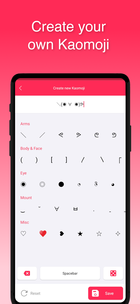 Kaomoji Emoticon - A mobile app screen for creating custom text-based kaomoji symbols with various eye and arm options.