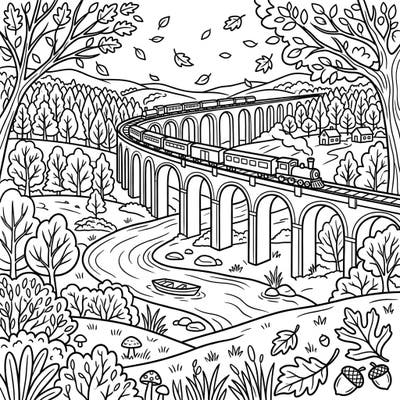 Journey into a vibrant autumn scene with this engaging coloring page, perfect for kids. Watch a charming train as it chugs across a grand viaduct, surrounded by the beauty of fall.