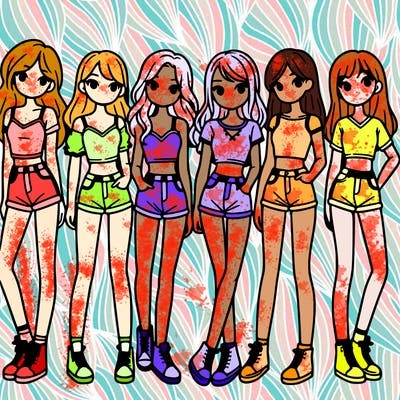 a group of girls wearing crop tops and shorts