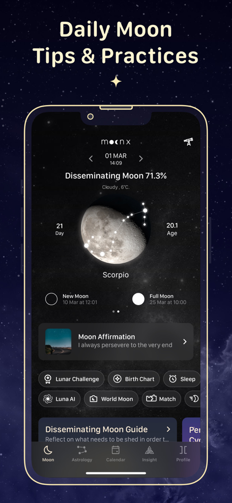 Oberfläche der MoonX-App, die Mondphasendetails, das Sternzeichen Skorpion und eine tägliche Affirmation vor einem sternenklaren Nachthintergrund zeigt