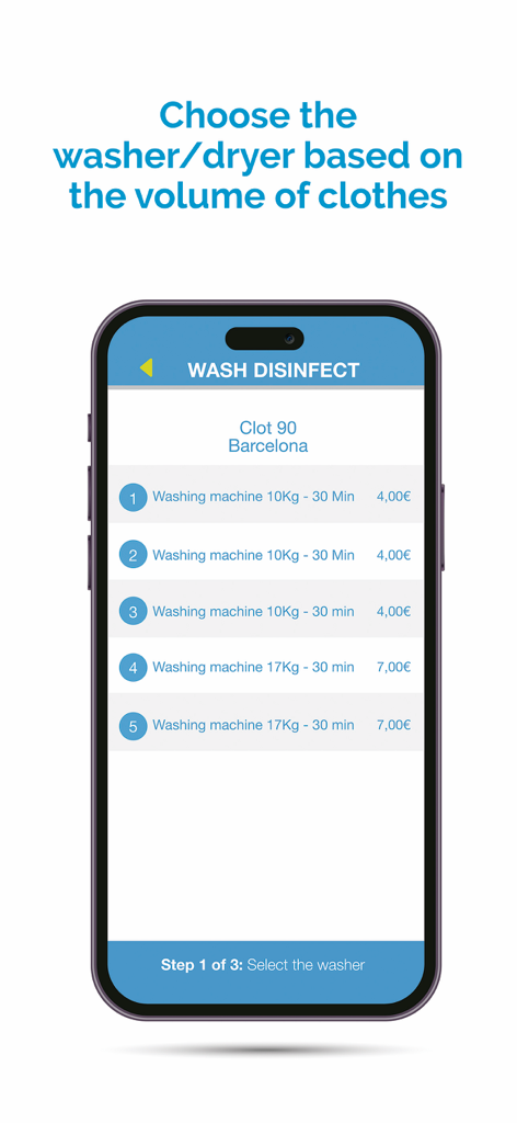 LAWASH - Interfaccia dell'app LAWASH che mostra un elenco di lavatrici disponibili con diverse capacità e prezzi