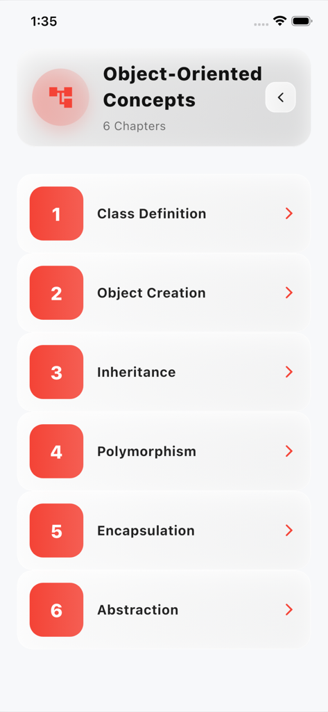 Java Basics Quiz Pro - List of Java object oriented programming chapters in the quiz app