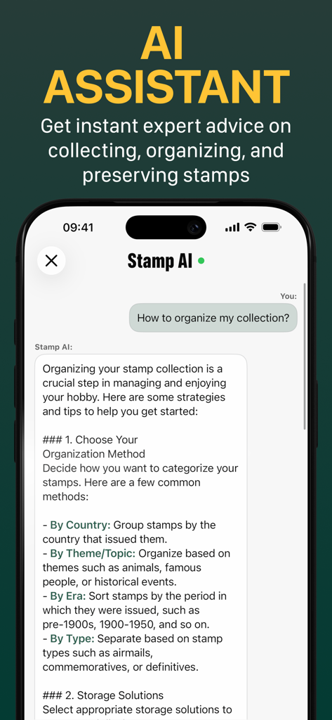 StampLens AI - Scan & Collect - StampLens AI assistant providing expert tips on how to organize a stamp collection