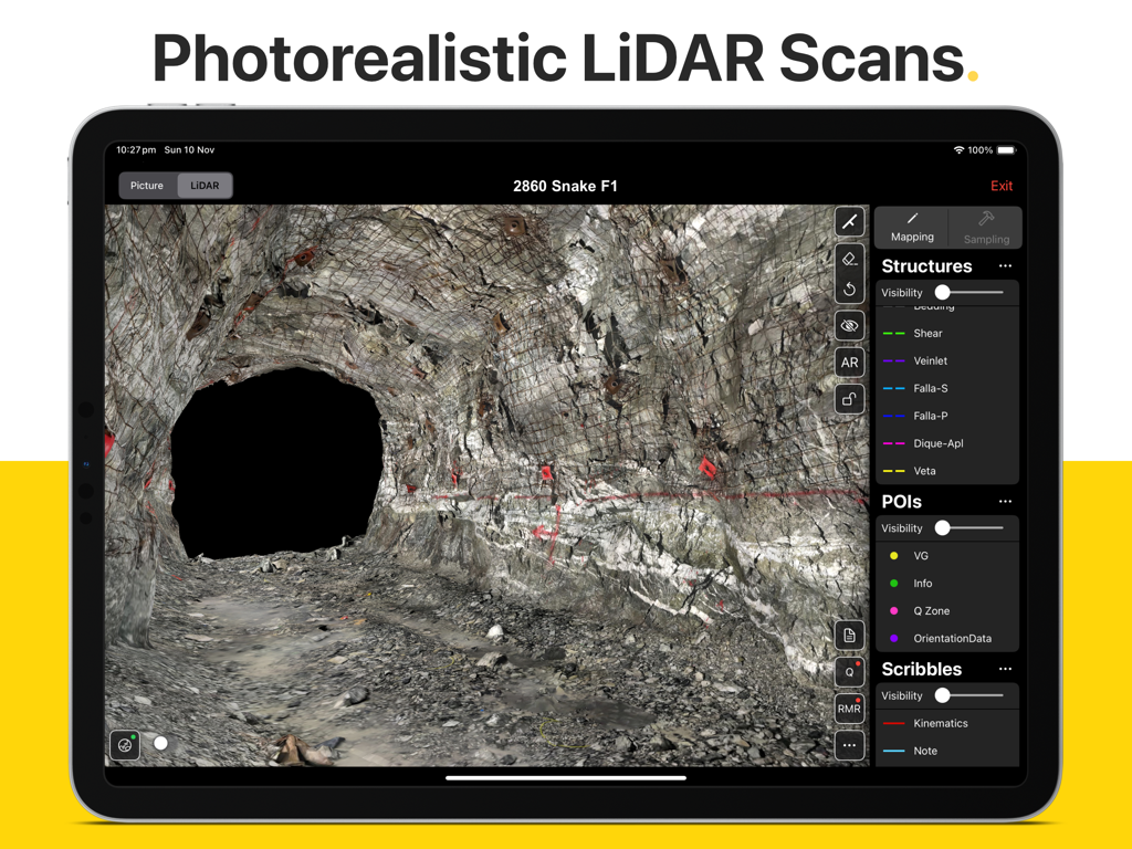 Rock Mapper - A photorealistic LiDAR scan of an underground mine tunnel being mapped on an iPad using the Rock Mapper app