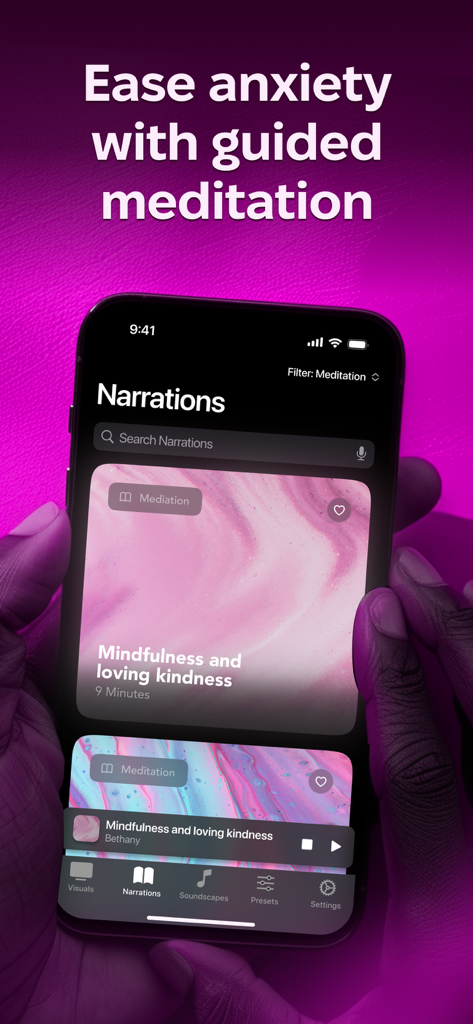 Mesmerize - Visual Meditation - Mesmerize app interface showing guided meditation narrations for anxiety relief and mindfulness