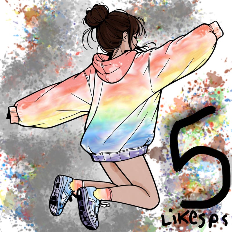 realistic girl jumping with a bun and oversized sweatshirt