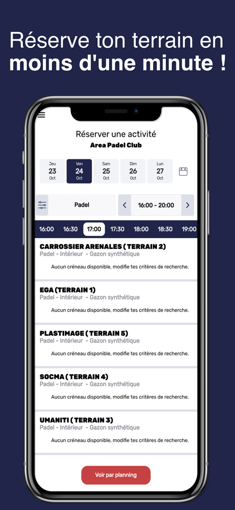 Captura de pantalla de la aplicación móvil que muestra la pantalla de reserva de pistas para Area Padel Club con filtros de selección de fecha y hora.