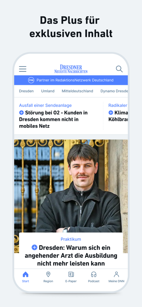 La schermata principale dell'app di notizie DNN che visualizza articoli e titoli locali dalla Germania.
