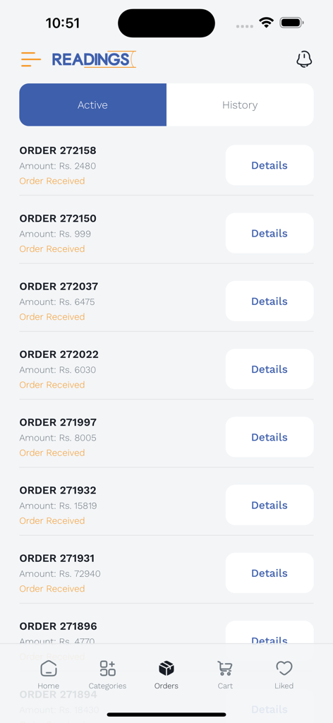 Readings App - La pantalla de pedidos activos en la aplicación Readings que muestra una lista de compras de libros recientes