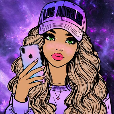 realistic beautiful girl wearing los ángeles cap holding an iphone