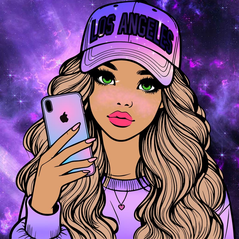 realistic beautiful girl wearing los ángeles cap holding an iphone
