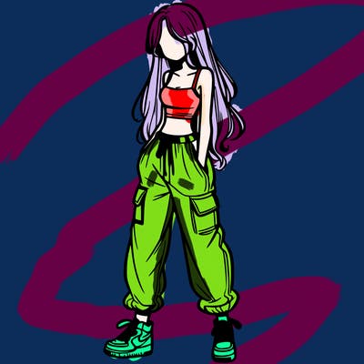 girl in baggy pants crop top and long hair