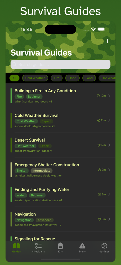 A menu listing survival guides like building a fire and finding water in the Survivalist mobile app interface