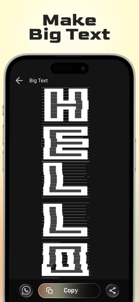 Nickname Generator: Fancy Text - A screenshot showing the Big Text feature of the Nickname Generator app with the word HELLO in large stylized blocky characters.