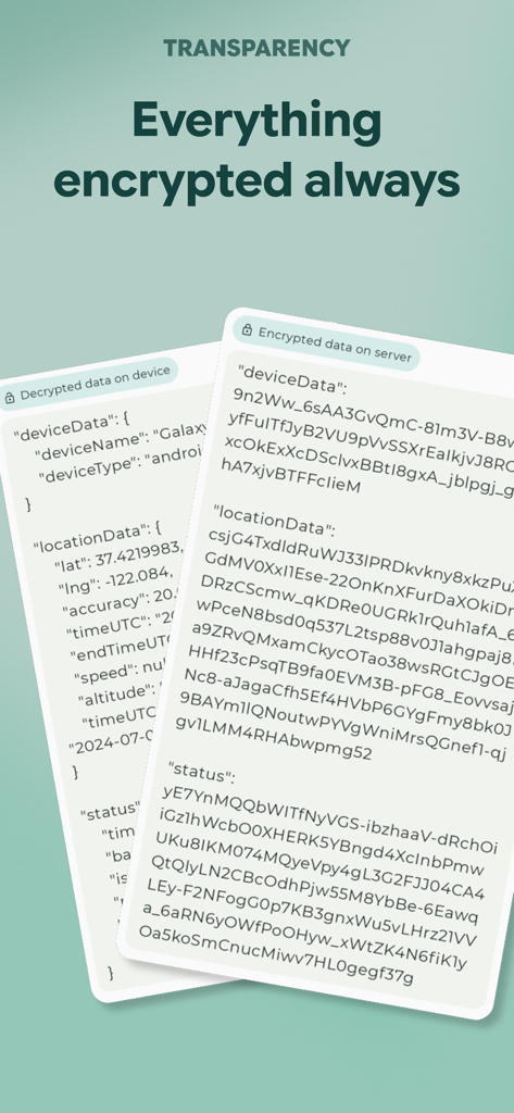 Paralino: Secure Phone Tracker - Comparison showing decrypted data on a device versus encrypted data on a server for the Paralino app