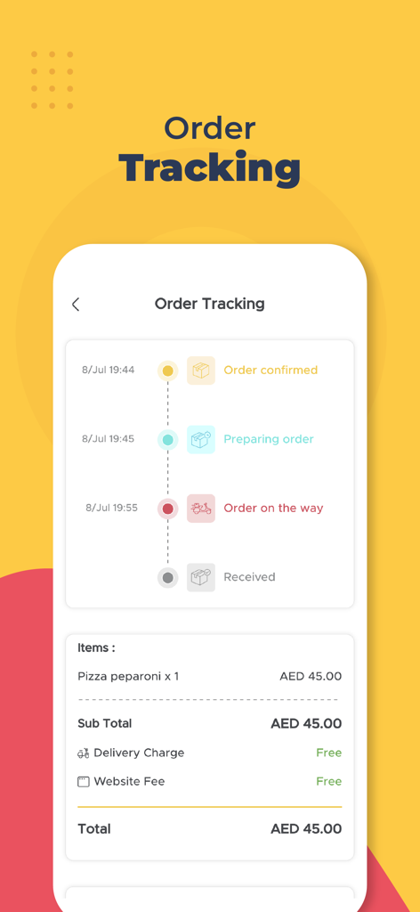 Falik mobile app order tracking screen showing delivery status and order summary with free delivery