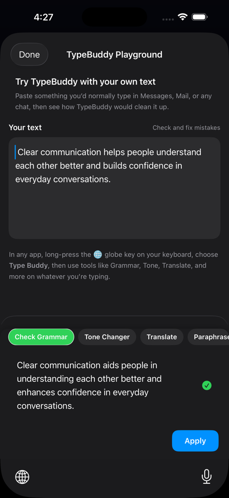 AI Keyboard Type: Type Buddy - AI keyboard playground showing grammar check and text refinement features