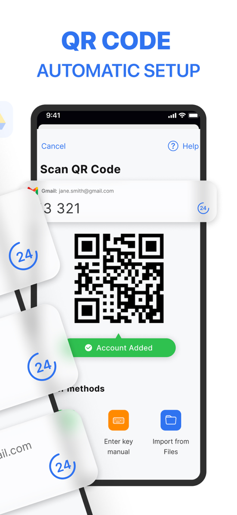 Interface of the FastOTP app showing automatic account setup through QR code scanning on a smartphone.