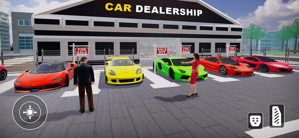 Used car dealership showroom with sports cars for sale and customer characters