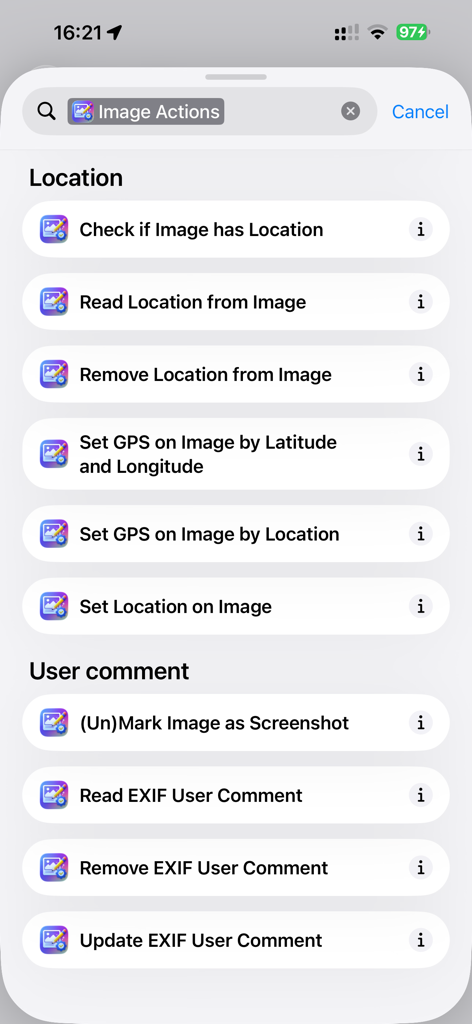 Image Actions - iOSショートカットインターフェース内の画像アクションアプリが提供するメタデータと場所アクションのリスト。