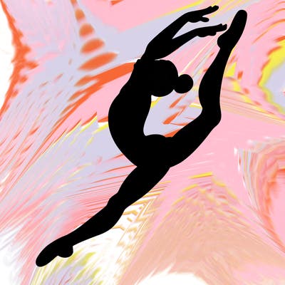 gymnast doing a leap in a leotard with a bent back leg