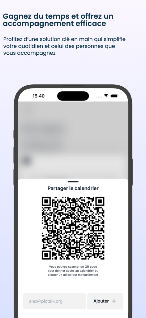 Pictalk Buddy: Autism Routine - Pantalla de código QR para compartir un calendario de horarios visuales en la aplicación Pictalk Buddy.