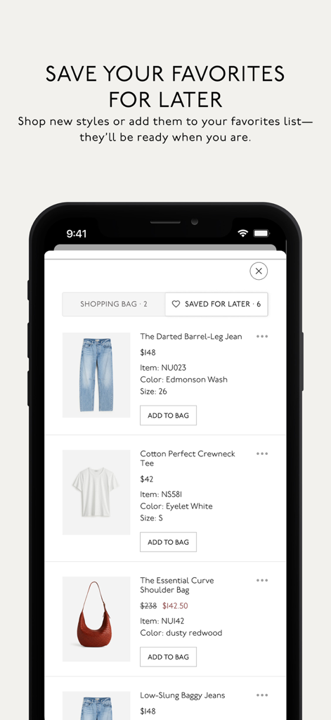 Madewell - Madewell app interface showing a curated list of saved for later items including denim jeans and accessories