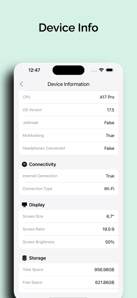 DevBox - Toolbox for Developer - Painel de informações do dispositivo mostrando especificações de hardware e software para desenvolvedores