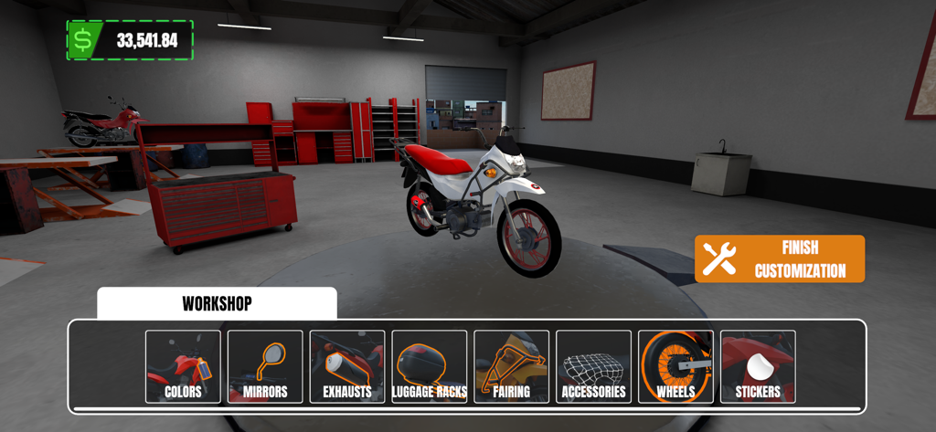 Motovlog Crazy Delivery Online - Motorcycle customization menu in a garage workshop for Motovlog Crazy Delivery Online