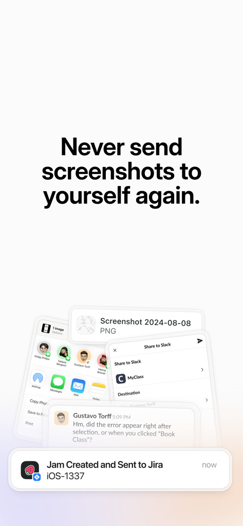 Jam app interface showing automated bug report sharing to Jira and Slack