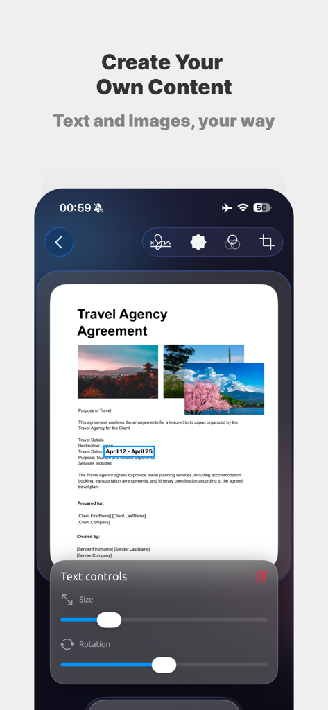 Sign & Edit Docs - Sign and Edit Docsアプリのインターフェースで、旅行契約書のテキストと画像の編集が表示されている様子