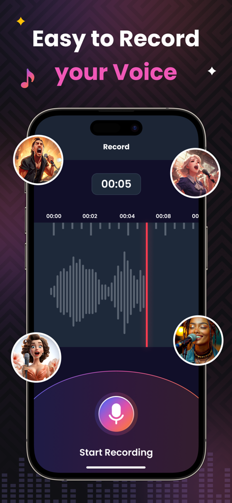 AI Magic Voice Changer - Interface of AI Magic Voice Changer showing the easy voice recording screen with character avatars and sound waveform.