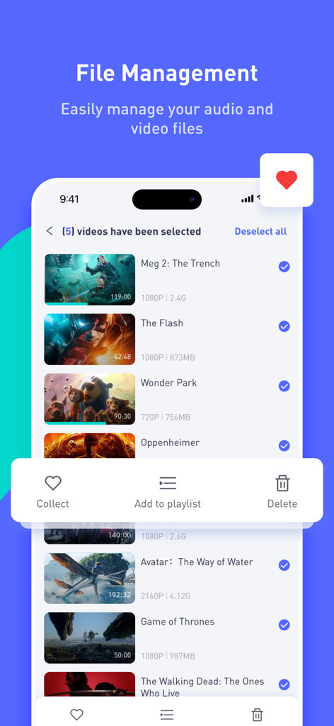 X Player - Watch TV and Movies - X Player app screen showing a list of selected video files with options to collect add to playlist or delete