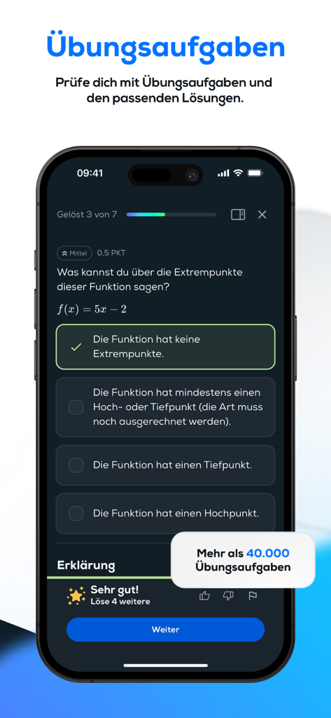 simpleclub - Die Lernapp - Schermata di esercizi interattivi di matematica nell'app educativa simpleclub che mostra una domanda di analisi a scelta multipla