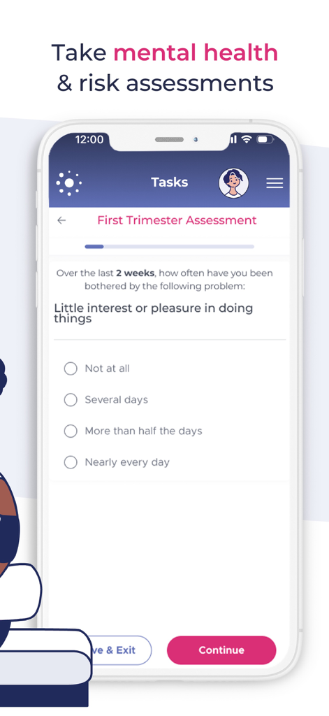 Babyscripts myJourney - Écran de l'application Babyscripts myJourney montrant un questionnaire d'évaluation de la santé mentale du premier trimestre